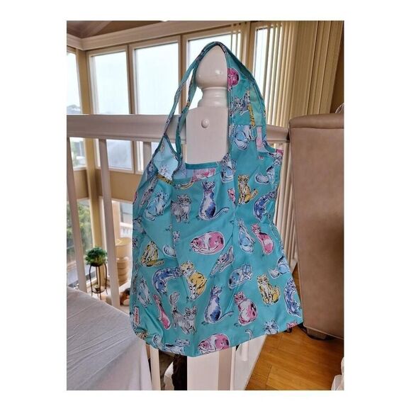 Whimsical Kitty Cats Tote Bag Cath Kidston Lightweight Foldable Aqua Blue NWOT - Picture 8 of 8